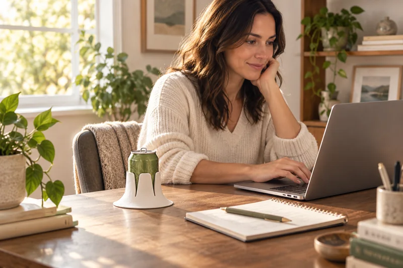 A naturally placed drink beside a person working at a desk. AI lifestyle illustration.