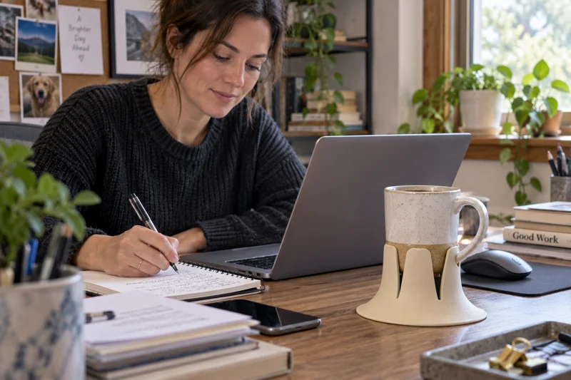Remote worker taking handwritten notes beside a laptop with open high-handled ceramic coffee mug in Steadi on actual work desk on opposite side from mouse sweep, beyond paper pile. AI illustration.