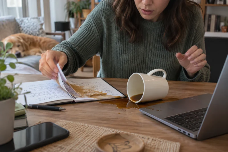 Reaching for a notebook catches coffee; it runs across notes toward the keyboard. AI illustration.
